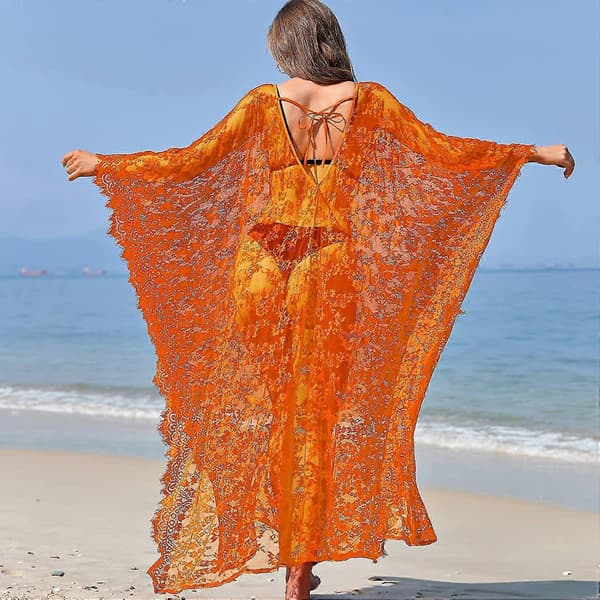 [LCS] Strandovertrekk Boho blondekimono Plus Size Bikini Robe Badedrakt for kvinner Solid-MXBC Orange