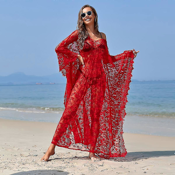 [LCS] Strandöverdrag Boho Spetskimono Plus Size Bikini Robe Baddräkt för kvinnor Solid-MXBC Red