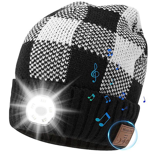 Bluetooth Hue med Lys, Unisex USB Genopladelig LED Pandelampe Hue med Hovedtelefon, Indbygget Højttaler og Mikrofon Vinterstrikket Natlys