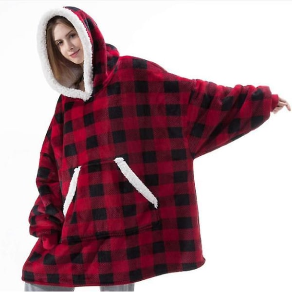 Bärbar plysch lazy filt i stor storlek på vintern, plysch pyjamas Red and black grid