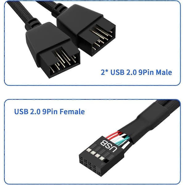 2 stk. computerbundkort USB 2.0 9-benet til dobbelt 9-benet forlængerkabel Y-splitter Audio HD-forlængerkabel Black