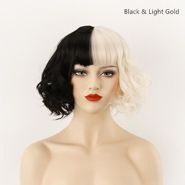 Cruella De Vil Peruukit Naiset Cosplay Kihara Tukka Halloween Lyhyt Aaltoileva Peruukki Black and Light Gold