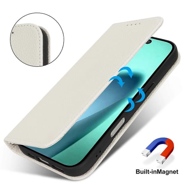 TKdaddy för iPhone 17 Fodral Stativ Plånbok Litchi Textur Läder Flip Telefonfodral med Rem Vit