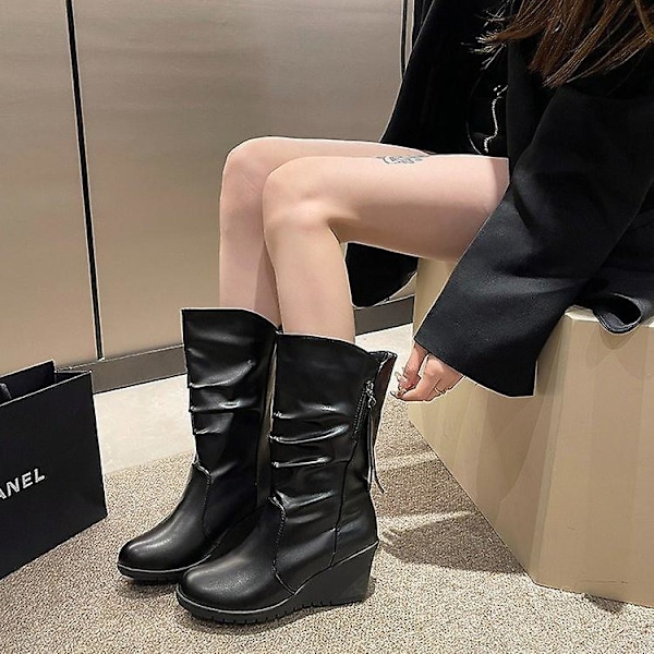 Sorte midcalf støvler til kvinder med lynlås, alsidige, komfortable, bløde sko til kvinder, afslappet brug, sort enkeltfor 38 Black Single Lining