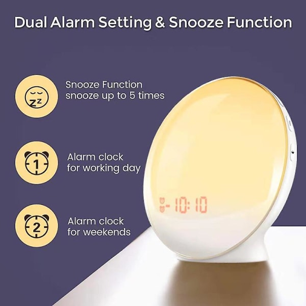 LED Ljus Väckarklocka Soluppgångssimulering Sömnhjälp Med FM Radio Snooze Klocka För Sovrum White