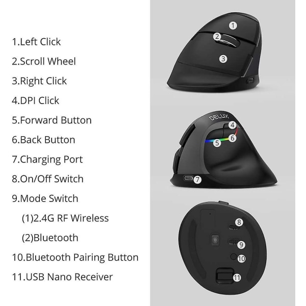 M618 Mini trådlös vertikal mus, Bluetooth 4.0 Uppladdningsbar ergonomisk mus för dator Black