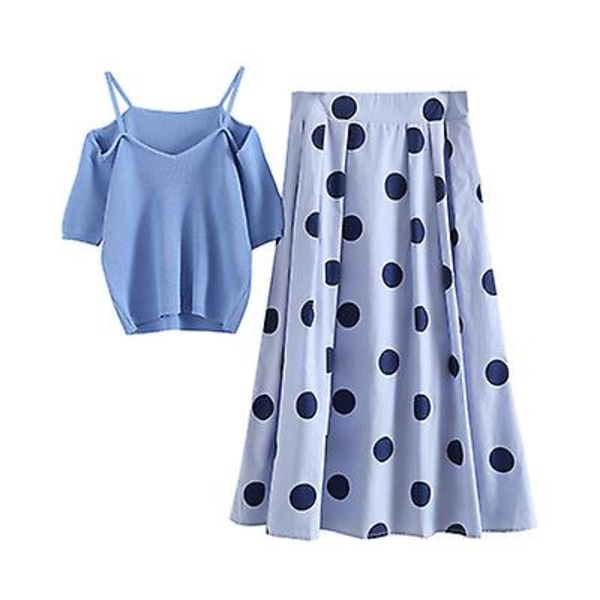 Lyhythihainen pilkullinen hame pitkä hame kaksiosainen mekko blue