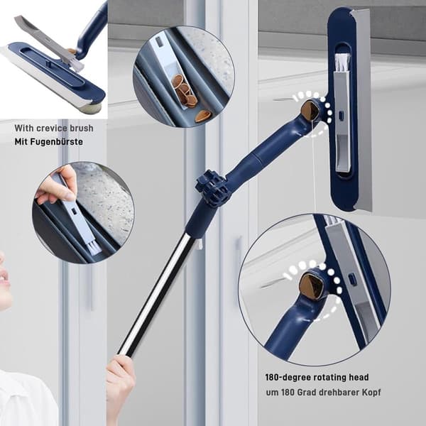 2-in-1 Extendable Window Cleaner - 120 cm Telescopic Squeegee & Scrubber, Rotating Head for Windows, Mirrors & Showers - Blue