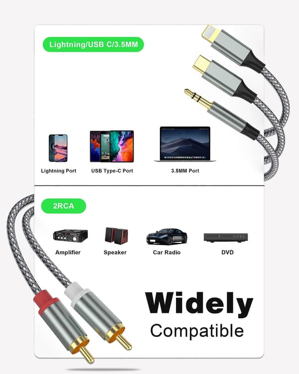 Lightning til RCA-kabel Audio Aux-adapter, RCA til 3,5 mm kabel USB C til 2 RCA-lydkabel, 3-i-1 lydkabel til bil, hjemmebiograf, højttaler og mere