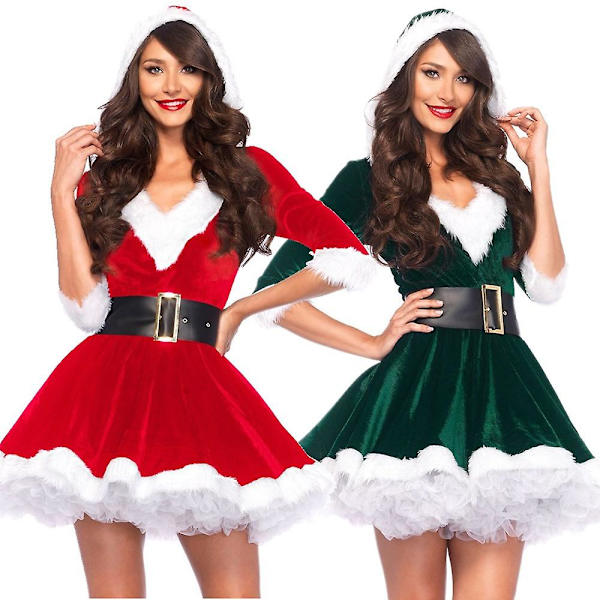 Sammetsklänning med huva och bälte för jul green M