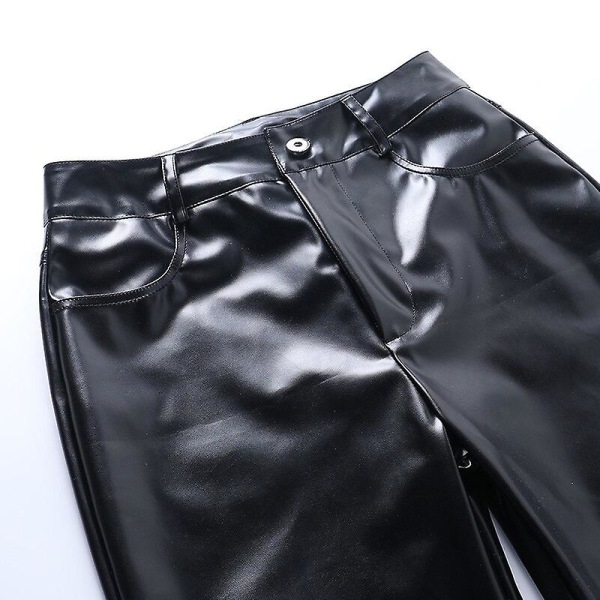 Faux Leather Pu-vikt hög midja raka byxor Dam lång Trou black S