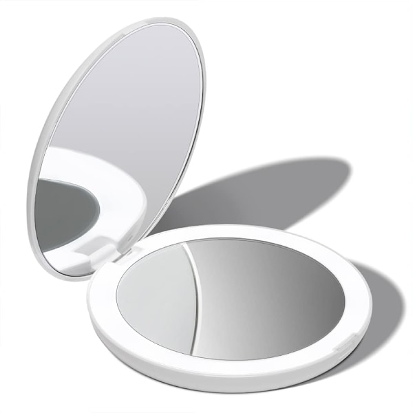 Kompakt Makeupspejl til Håndtaske, 1X/10X Forstørrelse - Naturligt Dagslys LED, Rejsestørrelse, Bærbar, Stort 127mm Bredt Belyst Spejl, Hvid White