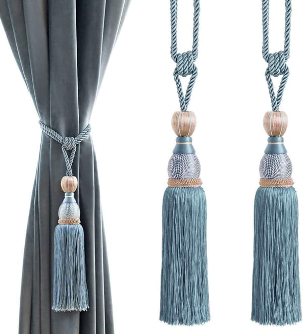 [LCS]2 PCS Curtain Tie Backs Rope, Long Tassel Curtain Holdbacks, Tieback Rope for Home Decor and Office Window Drape, (Blue) Light blue