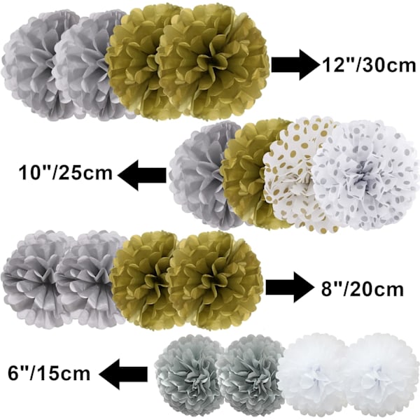 16 stk assorterte silkepapir-pomponger, pom-poms, blomster, håndlagde bryllupsfestdekorasjoner, baller, gull s Glold Silver