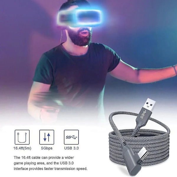 Yhteensopiva Oculus Quest 2 -linkkikaapelin 5m USB 3.0 -pikalatauskaapeleiden kanssa Yhteensopiva