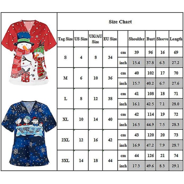 Dame Jul Snømann Kort Ermet T-skjorte Sykehusuniform Sykepleier Skrubb Topper Blue Snowflake 3XL