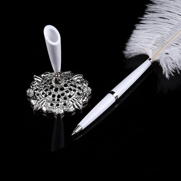 Bröllopspenna med strutsfjäder och metallhållare, silver