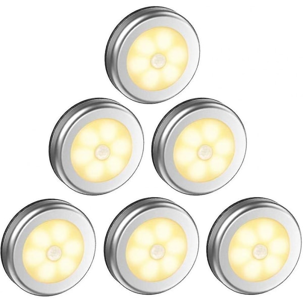 Garderobslampa/led-skåp,6st lampor Garderob Nattljus,led-belysning rörelsedetektor,(batteridriven) Silver
