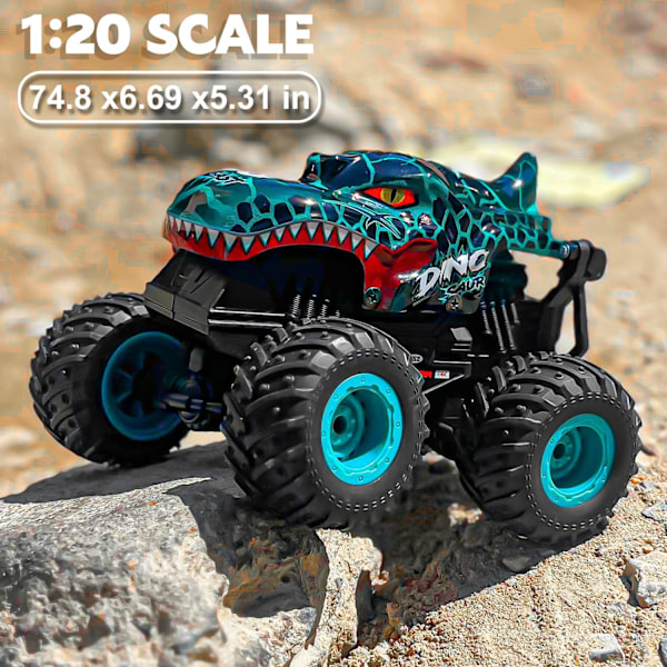 Monsteriauto Lelut, 2.4GHz RC Monsteriautot Pojille, 1:20 Dinosaur RC Autot Valoilla ja Musiikilla, Kauko-ohjattava Stunt-auto, 360° Pyöriminen, Lapsille Blue