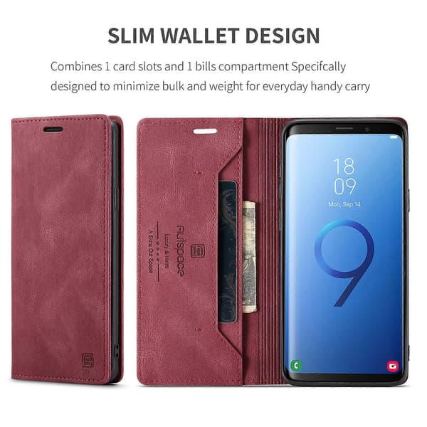 Kompatibelt plånboksfodral för Samsung Galaxy S9+ AUTSPACE A01 läderställ med RFID-kortshållare Red