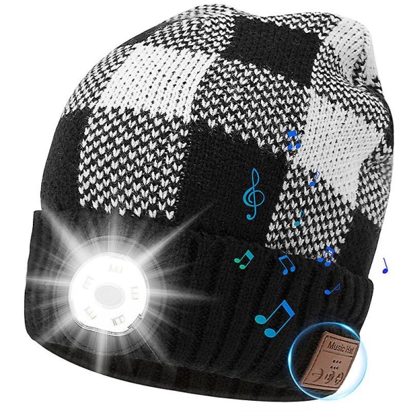 Bluetooth mössa med ljus, unisex USB uppladdningsbar led cap med hörlurar, inbyggd högtalare och mikrofon vinterstickad nattlampa