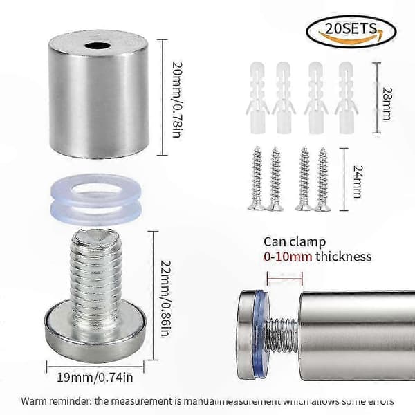 Väggmonterade distanser i silverfärgat rostfritt stål, 20-pack, 19x25mm reklamskruvar