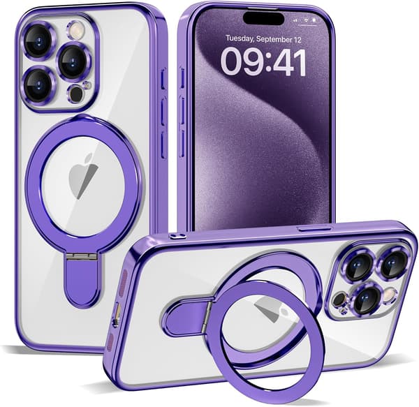 [LCS] iPhone 15 Pro Case with Invisible Magnetic Ring Stand [MagSafe Compatible] [Full Camera Lens Protection] Plated Clear for iPh Purple