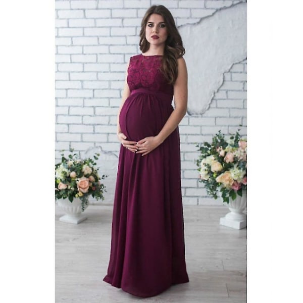 Gravidfotografi rekvisita Kvinnor Gravidkläder, Spetsklänning för gravida Wine Red without Sleeve M
