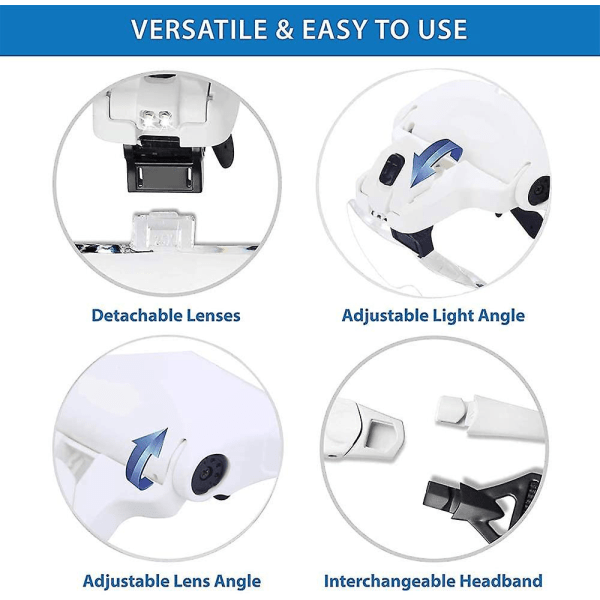 Huvudmonterat förstoringsglas med 2 led professionella juvelerare Ljusfäste och pannband är utbytbara