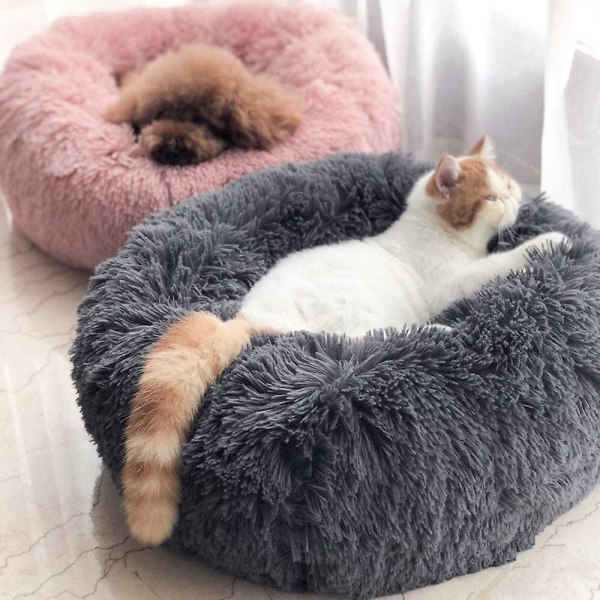 Blød Rund Fluffy Kæledyrs Seng Kat Hunde Senge Dark Gray XS