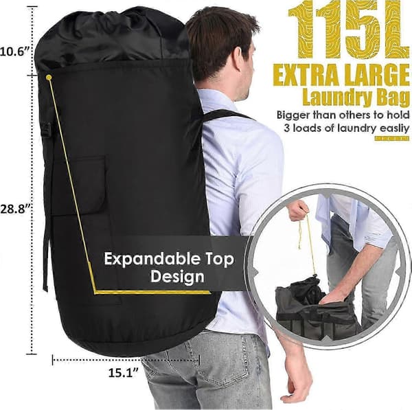 Ekstra stor kraftig vaskepose, 115l vaskeryggsekk, solid vaskepose med stropper svart [MI] Black