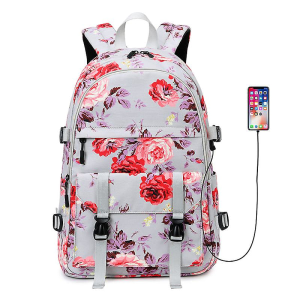 Blommig vattentät USB laptop ryggsäck, rese skolbokväska Grey