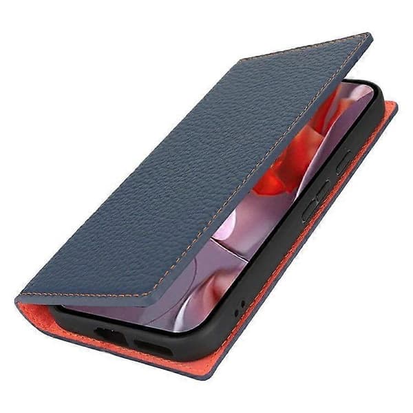 För Google Pixel 9a Plånboksfodral Äkta Kohud Telefonfodral Litchi Textur Dark Blue