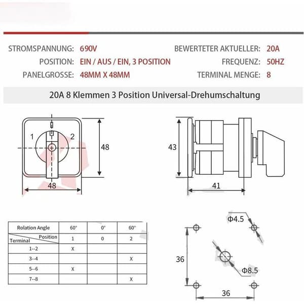 [LCS]Universal 20A 3-positions 8-terminal 690V drejekontakt