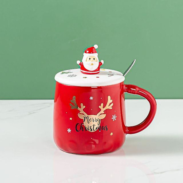 Julmugg Gran Älg Tryckt Tecknad Vattenflaska Med Lock Och Sked Ny Färgglad Festival Hushåll Keramisk Kaffekopp Red