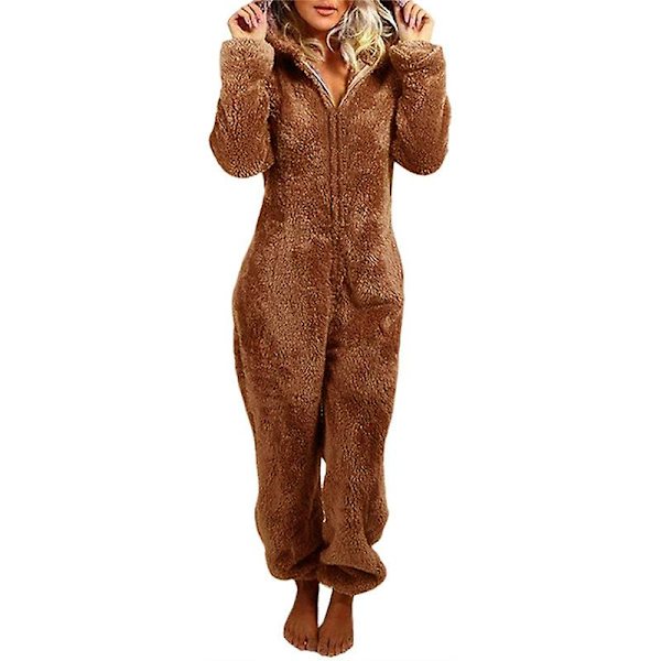 Bedårande Jumpsuit med dragkedja och huva, Fleece Pyjamas Dam Långbyxor Sovkläder Plysch Hoodies Sovkläder Coffee 4XL