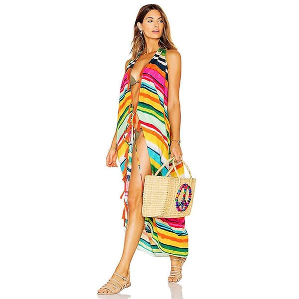 [LCS] Farverig stribet cardigan strandtøj Boho kvast bindebånd åben front