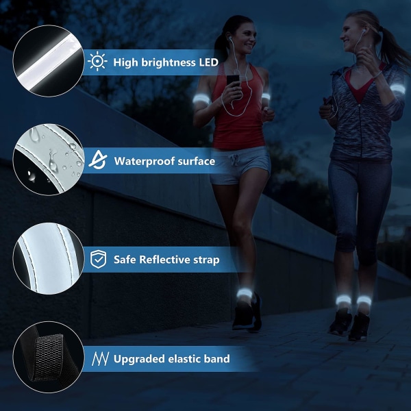 2st uppladdningsbart ledarmband | Led-löpare med hög synlighet för löpare | Reflekterande löparutrustning Light Up Armband White