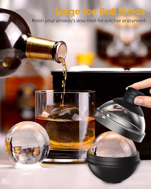 Whiskey Stora Silikonisbitsformar - Set om 4 med 2-i-1 Trattlock - 6 cm Runda Isbitsformar - Lätta att ta bort - Perfekt Runda