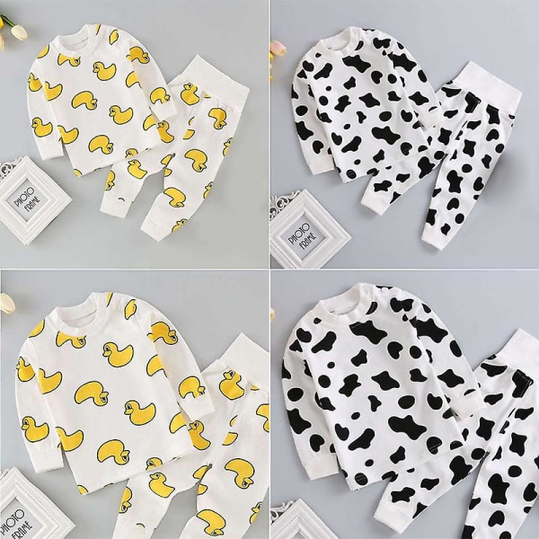 Toddler Baby Flicka Kläder Set Söta tecknade printed långärmade toppar och byxor för barn 2st Cow 100