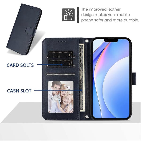Plånboksfodral för Xiaomi Redmi 15 5G med RFID-skydd, kalvläderstruktur, stativfunktion och handledsrem Blue Blue