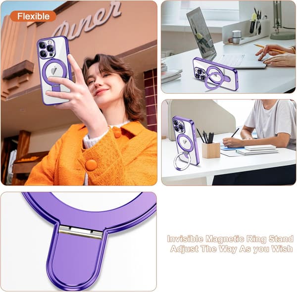 [LCS] iPhone 15 Pro Case with Invisible Magnetic Ring Stand [MagSafe Compatible] [Full Camera Lens Protection] Plated Clear for iPh Purple