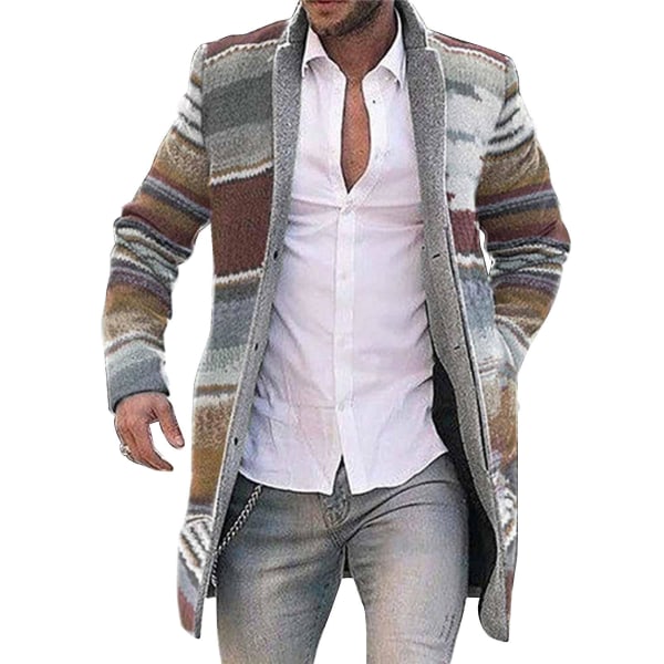 Långa Herrjackor Varm Vinterrock Kofta Casual Trenchcoat Randigt Ytterplagg Brown 3XL