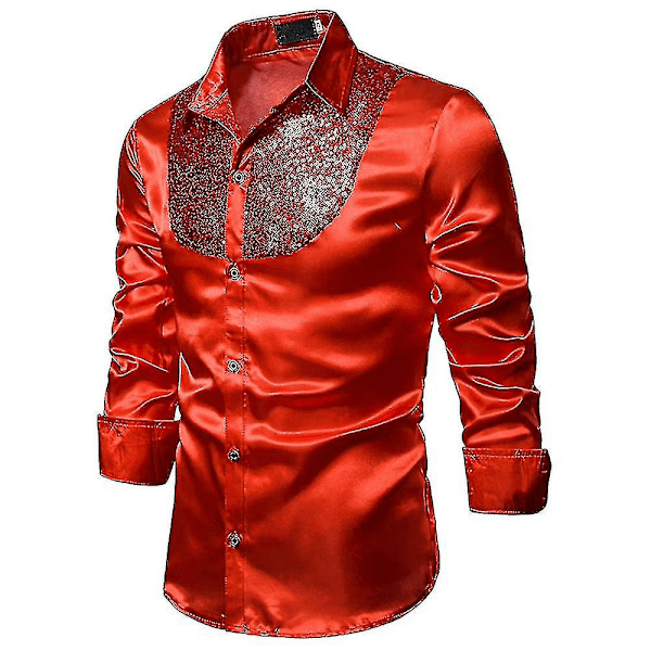 Miesten paljetit Glitter Slim Fit Napitettavat paidat Juhla Pitkähihainen paita Punainen 2XL Red