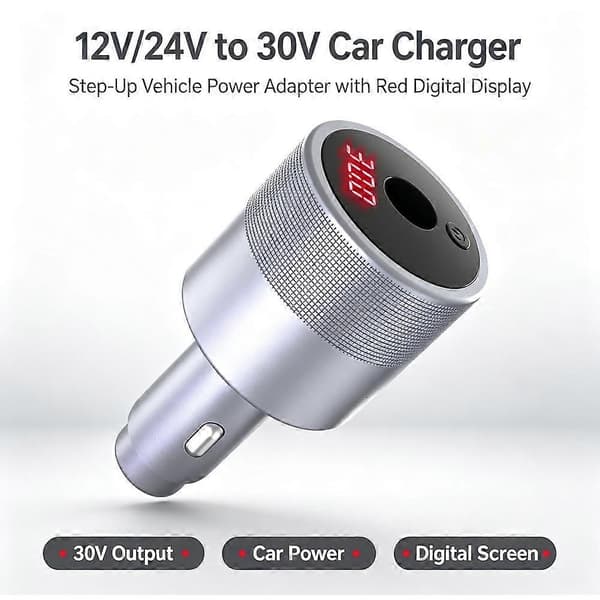 Biladapter 12V/24V Boost 30V/2A Spenningsstabilisering Digitalt Display 60W, Digital Displaybryter, for Bobil, Båt, Bil Silver