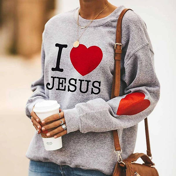 [LCS]I Love Jesus Hjerteprint Langærmet Pullover Afslappet Sweatshirt til Kvinder Rund Hals Pullover Top S