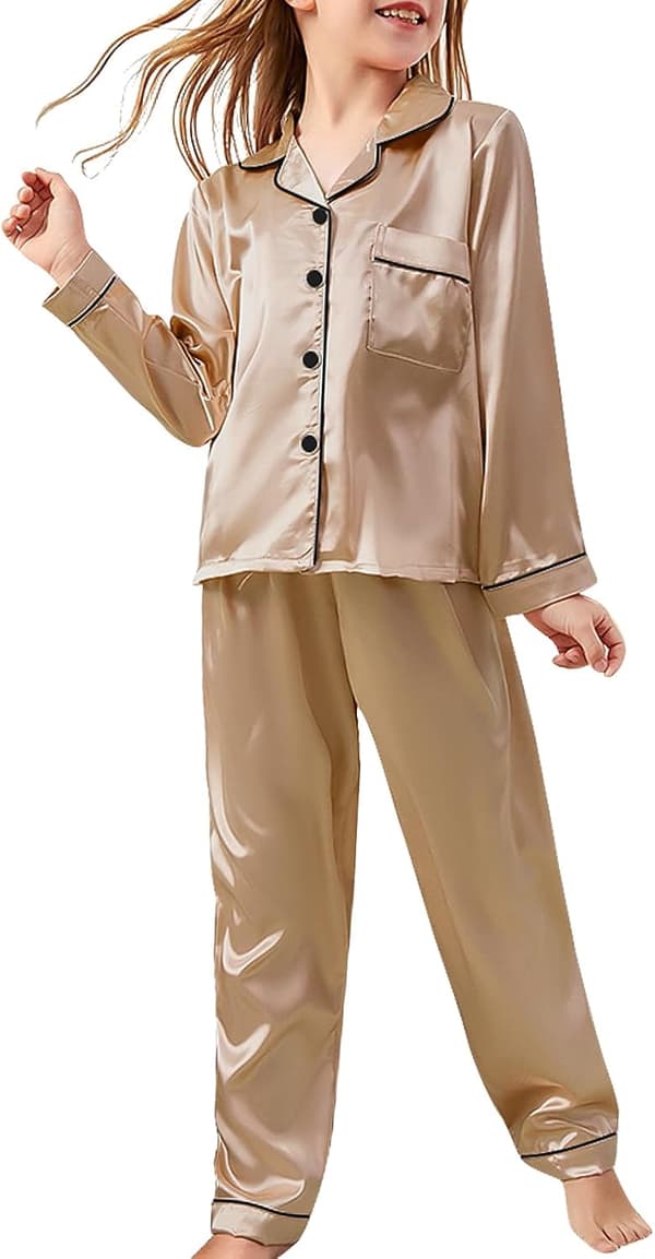 [LCS] Silke-satengpyjamas, 2-delt kortermet pyjamassett for gutter og jenter, mykt nattøy