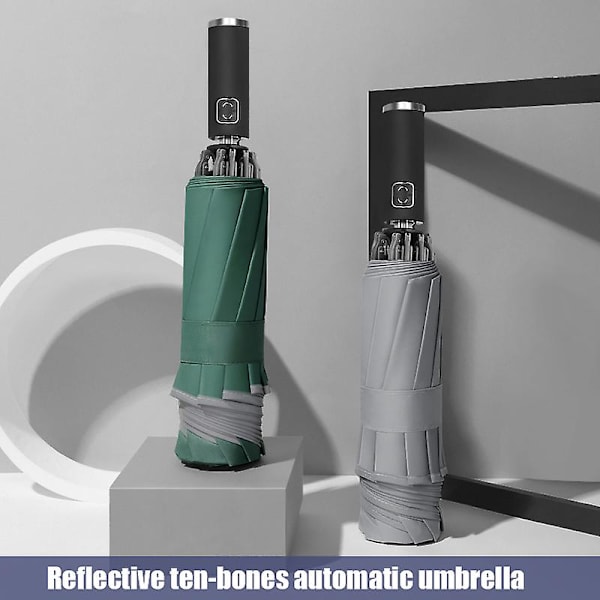 Automatisk paraply med refleksstribe, stor, omvendt 3-fold, 105 cm i diameter, 10 ribber Green