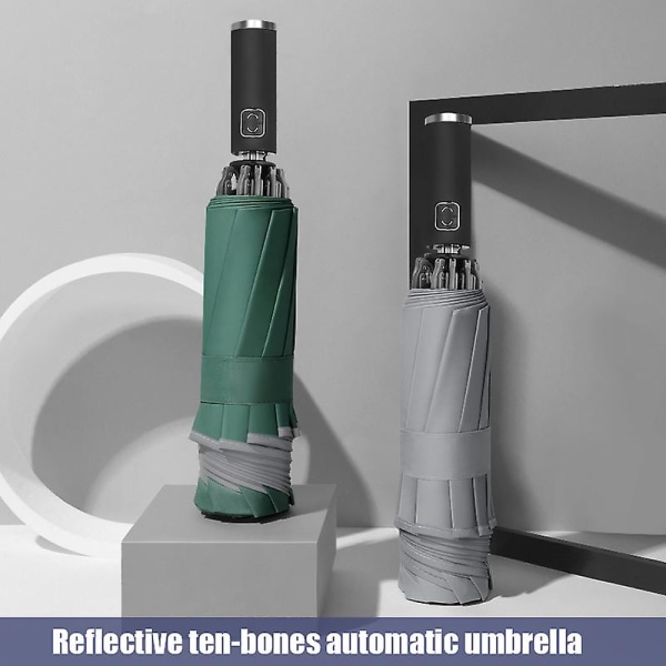 Automatiskt Paraply Med Reflexremsa Stort Omvänt 3-faldigt 105cm I Diameter 10 Ribbor Green