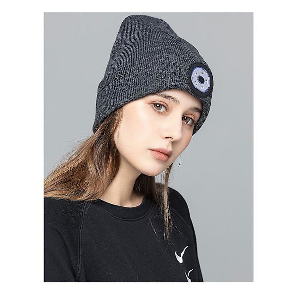 Bluetooth Lue med Lys, Unisex USB Oppladbar LED Hodelykt Lue med Hodetelefoner, Innebygd Høyttaler og Mikrofon Vinterstrikket Nattlys